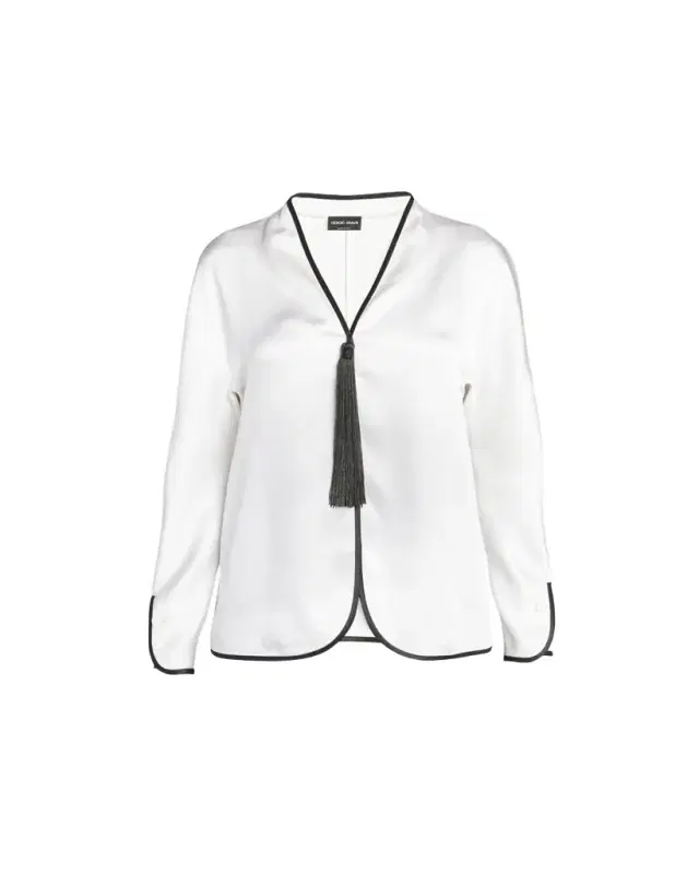 Tassel Silk Blouse with Contrast Tipping