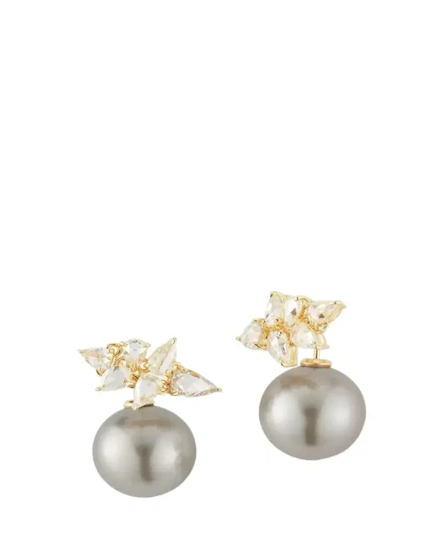 Mizuki 18K Yellow Gold Horizon Earrings with 13mm South Sea Pearls and Rose Cut Diamonds