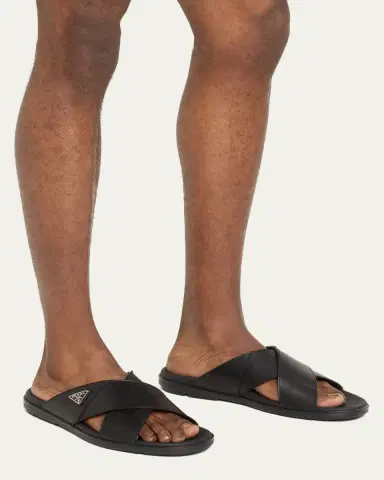 Prada Men's Leather Crisscross Slide Sandals | Thumbnail 2 Prada Men's Leather Crisscross Slide Sandals | Thumbnail 2