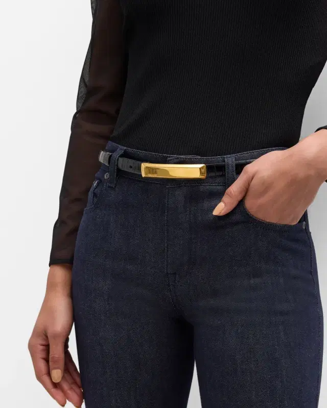 Croc-Embossed Leather Skinny Belt