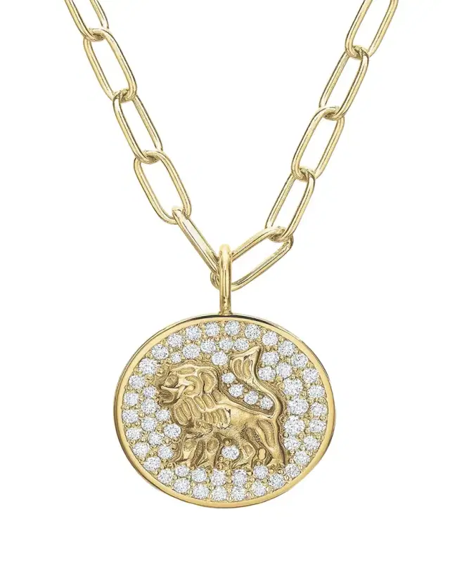 14K Gold Mini Lion Pave Diamond Token Necklace