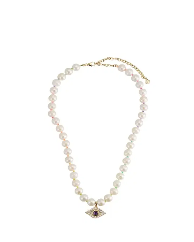 Sydney Evan 14K Gold Bezel Evil Eye Charm Freshwater Pearl Necklace