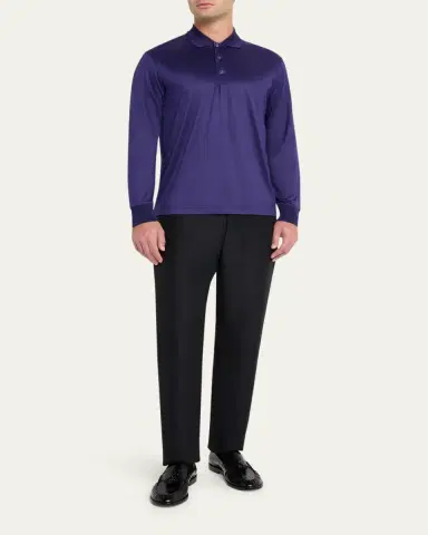 Charvet Men's Cashmere and Silk Knit Long-Sleeve Polo Shirt | Thumbnail 7