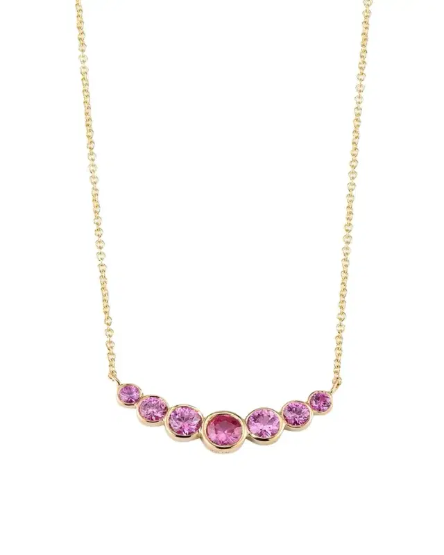 14K Graduated Bezel Curve Bar Necklace with Pink Sapphires