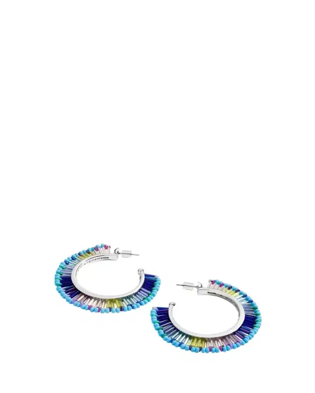 Elsie Frieda Beaded Fringe Hoop Earrings in Blue Dream