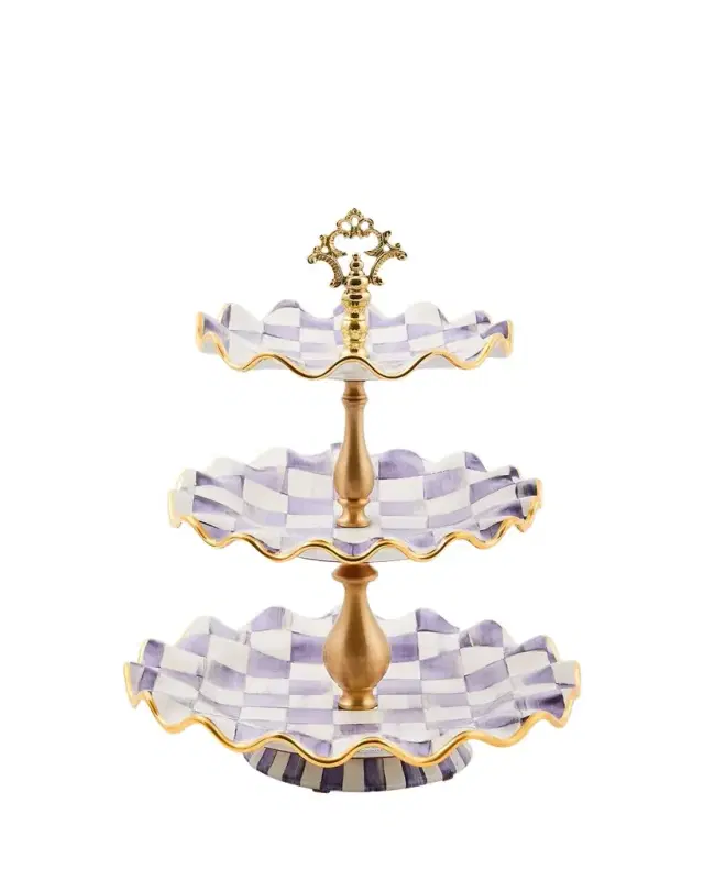 MacKenzie-Childs Violet Check Fluted Ceramic Three-Tier Sweet Stand