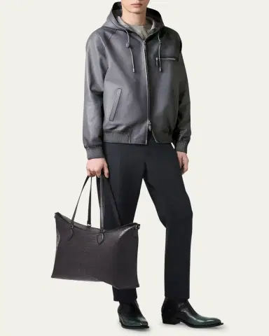 Berluti Men's Patina Leather Full-Zip Hoodie | Thumbnail 2