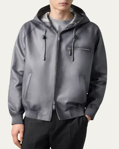Berluti Men's Patina Leather Full-Zip Hoodie | Thumbnail 4