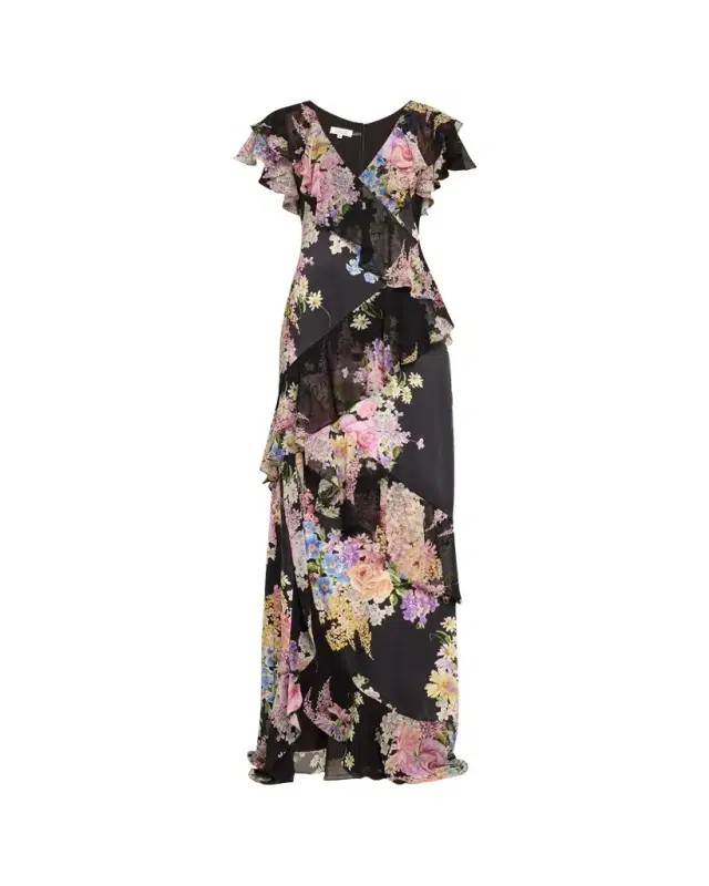 Rickie Freeman for Teri Jon Floral-Print Ruffle Chiffon Gown