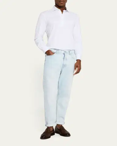 Brunello Cucinelli Men's Long-Sleeve Pique Polo Shirt | Thumbnail 2 Brunello Cucinelli Men's Long-Sleeve Pique Polo Shirt | Thumbnail 2