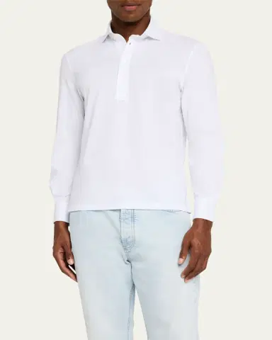 Brunello Cucinelli Men's Long-Sleeve Pique Polo Shirt | Thumbnail 4 Brunello Cucinelli Men's Long-Sleeve Pique Polo Shirt | Thumbnail 4