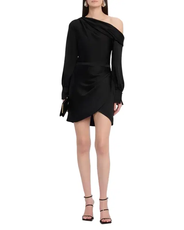Cameron One-Shoulder Wrap-Skirt Satin Mini Dress
