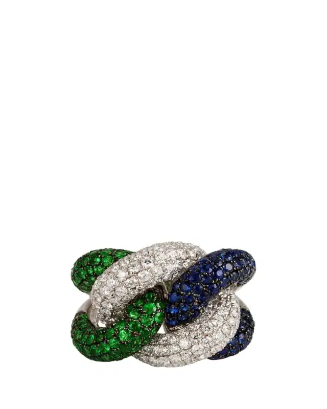 18K White Gold Rope Chain Ring with Sapphire, Garnet, and Diamonds