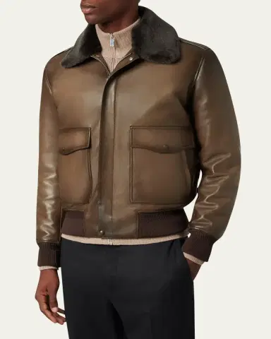 Berluti Men's Leather & Shearling Collar Bomber Jacket | Thumbnail 4