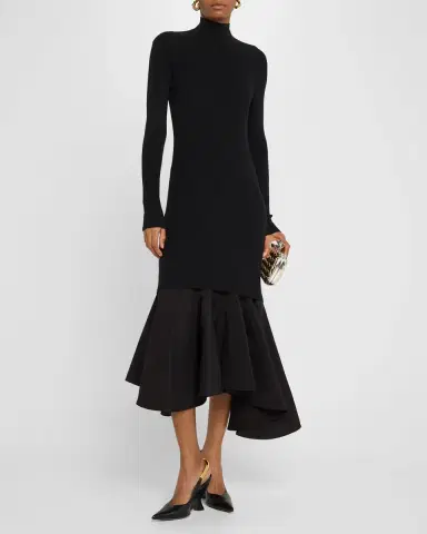 Bottega Veneta Asymmetric Mixed-Media Turtleneck Midi Dress | Thumbnail 3 Bottega Veneta Asymmetric Mixed-Media Turtleneck Midi Dress | Thumbnail 3