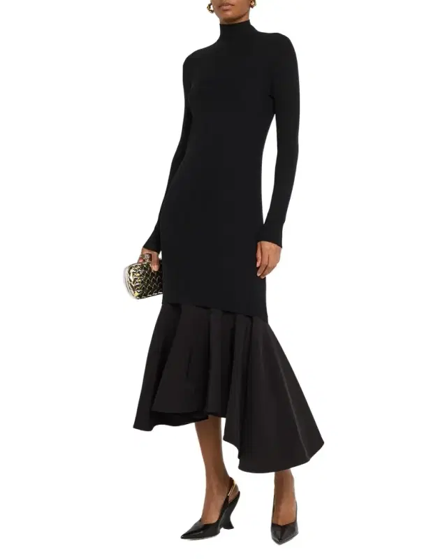 Asymmetric Mixed-Media Turtleneck Midi Dress