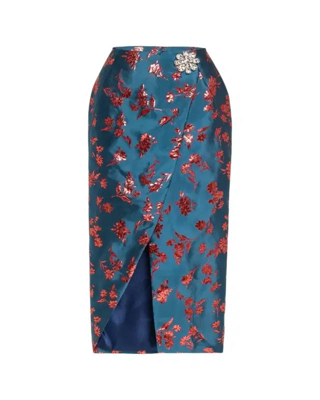 HARBISON Arista Wrap-Front Satin Brocade Midi Skirt