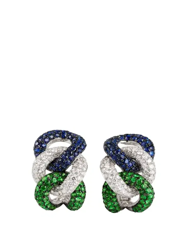 Mio Harutaka 18K White Gold Rope Chain Earrings with Sapphire, Garnet, and Diamonds