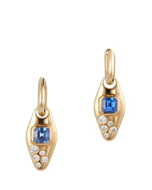 Uniform Object 18K Yellow Gold Blue Sapphire And Diamond Vessel Huggie Earrings