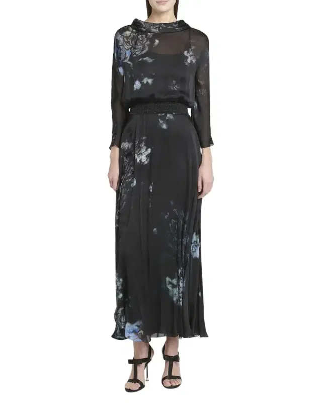 Floral Print Silk Gown with Smocked Waist