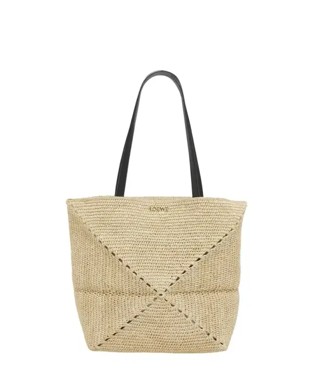 x Paula's Ibiza Medium Puzzle Fold Tote Bag in Raffia with Leather Handles