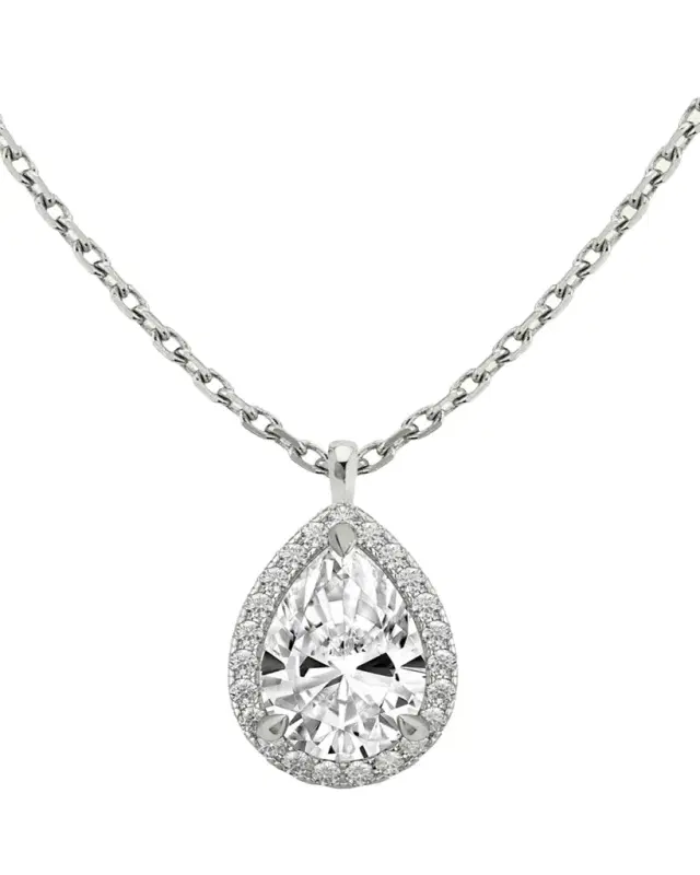VRAI 14K White Gold Pear-Cut Halo Lab Grown Diamond Pendant Necklace, 1.0tcw