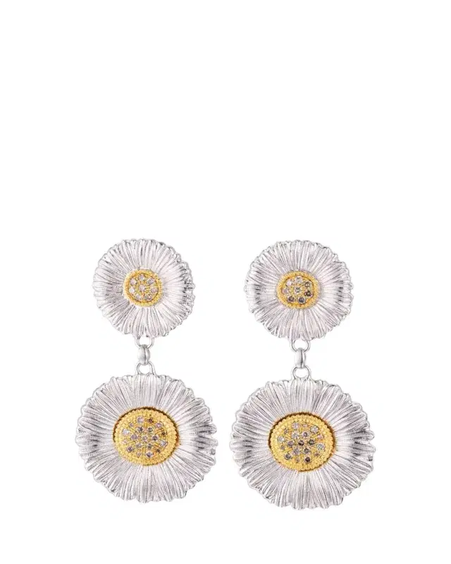 Blossoms Daisy Sterling Silver and 18K Yellow Gold Diamond Pendant Earrings, 7cm