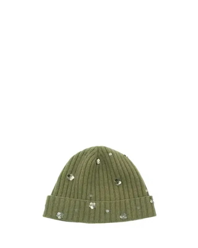 Sequin Floral Ribbed Cashmere Beanie