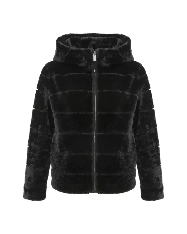 Gorski Horizontal Curly Shearling Lamb Zip Hooded Jacket