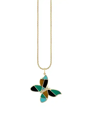 Sydney Evan Mosaic Gemstone Butterfly Pendant with Diamonds on Cable Chain Necklace | Thumbnail 1