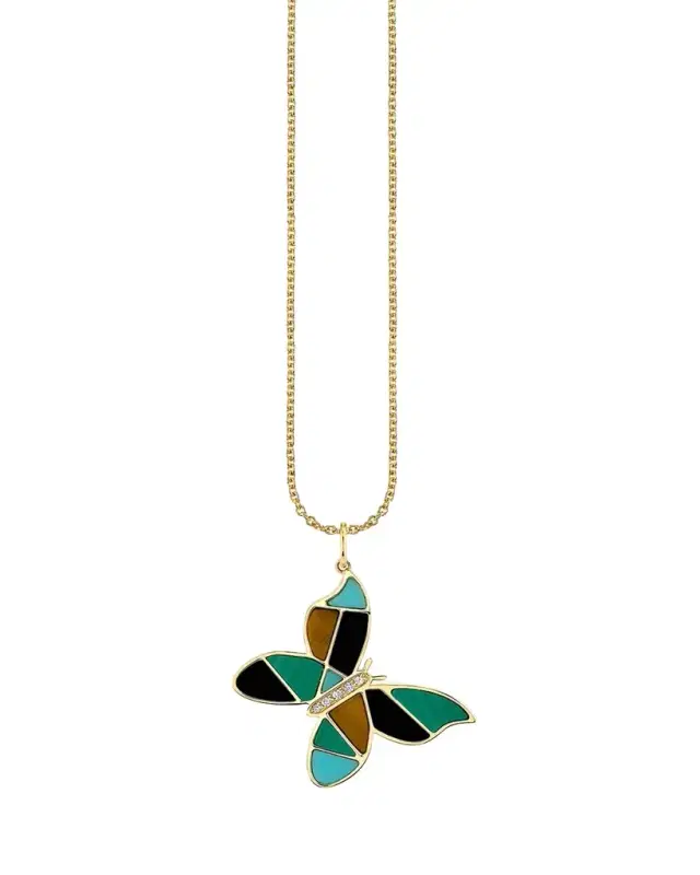 Sydney Evan Mosaic Gemstone Butterfly Pendant with Diamonds on Cable Chain Necklace