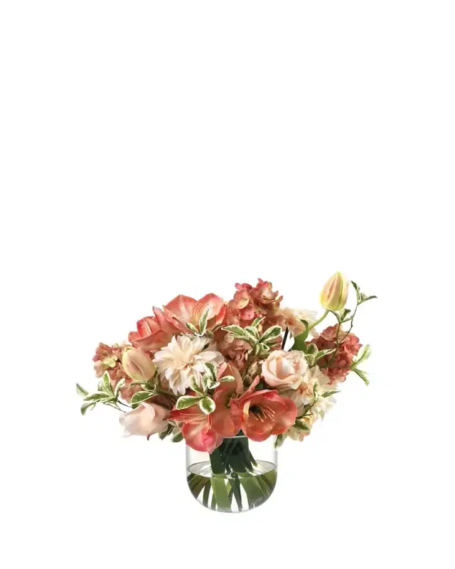 Diane James Salmon Amaryllis and Hydrangeas 17" Faux Floral Arrangement in Glass Vase