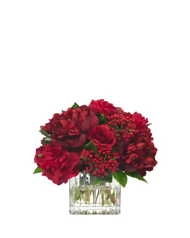 Diane James Red Peonies, Roses, and Berries 12" Faux Floral Arrangement in Glass Cube