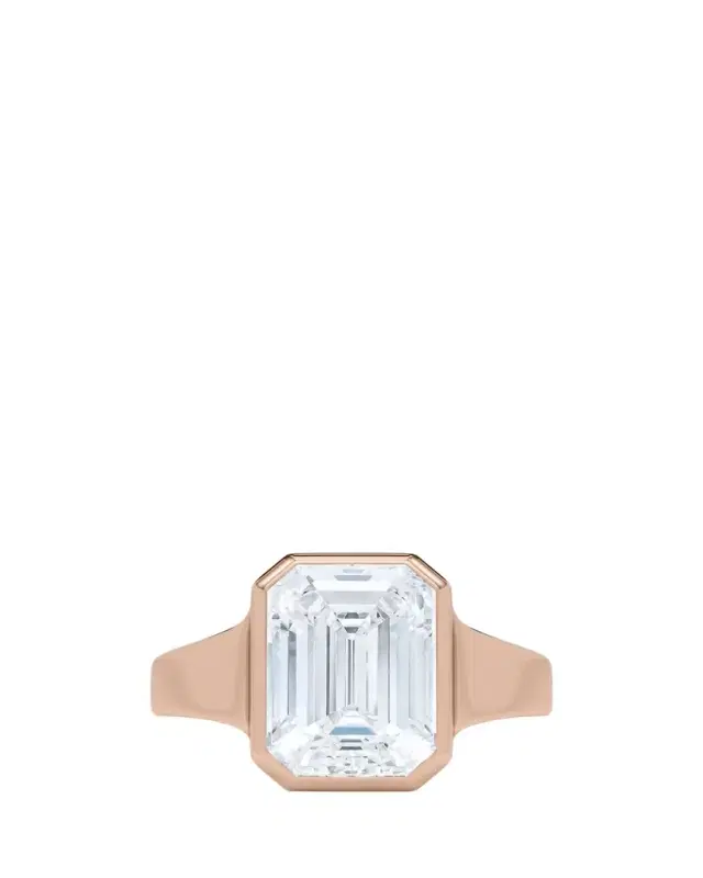 HauteCarat 18K Emerald Cut Lab Grown Diamond Cigar Bezel Ring, 2.0tcw