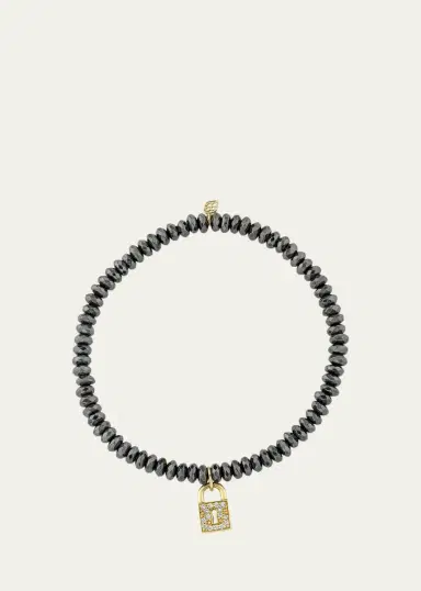 Sydney Evan Hematite and 14K Gold Medium Keyhole Lock Diamond Charm Bracelet | Thumbnail 2