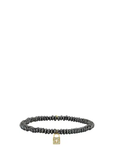 Sydney Evan Hematite and 14K Gold Medium Keyhole Lock Diamond Charm Bracelet | Thumbnail 3