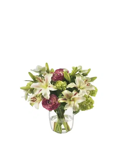 Diane James Lilies, Ranunculus, and Snowballs 16" Faux Floral Arrangement in Glass Vase | Thumbnail 1 Diane James Lilies, Ranunculus, and Snowballs 16" Faux Floral Arrangement in Glass Vase | Thumbnail 1