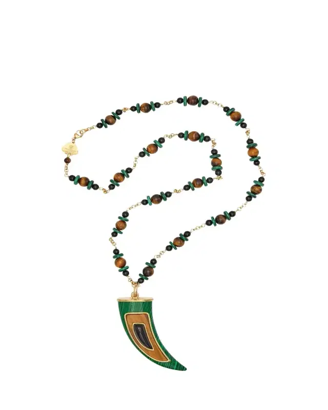Yellow Gold Chain and Tooth Charm Pendant Necklace with Resin Stones