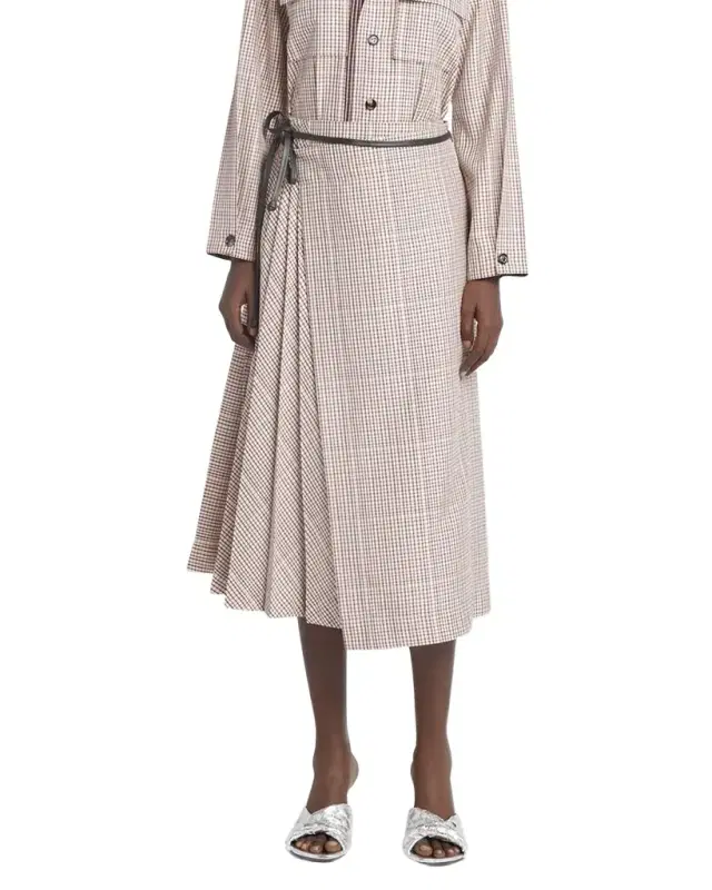 Check Pleated Midi Wrap Skirt
