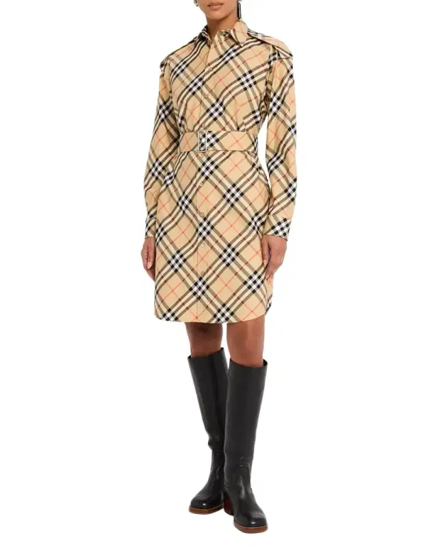Check Belted Long-Sleeve Shirtdress