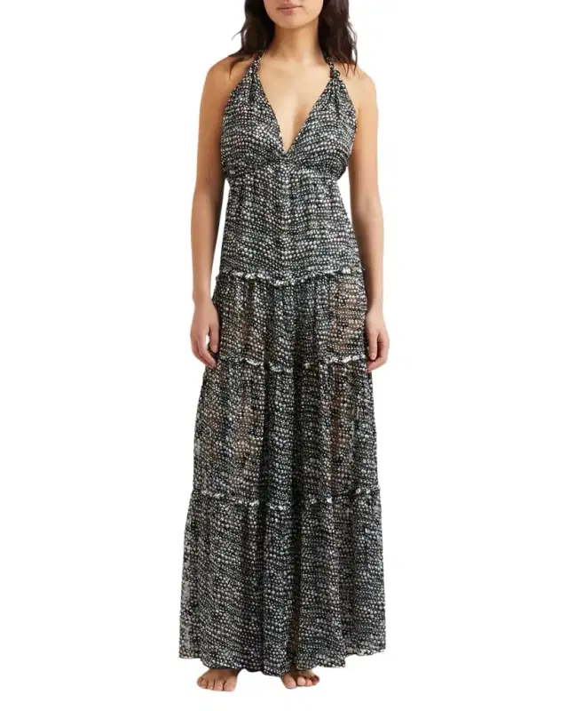 Pearl Devore Tiered Silk Maxi Dress