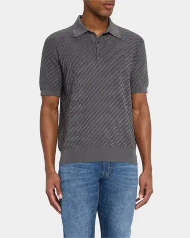 Brioni Men's Basketweave Stitch Polo Sweater | Thumbnail 3 Brioni Men's Basketweave Stitch Polo Sweater | Thumbnail 3