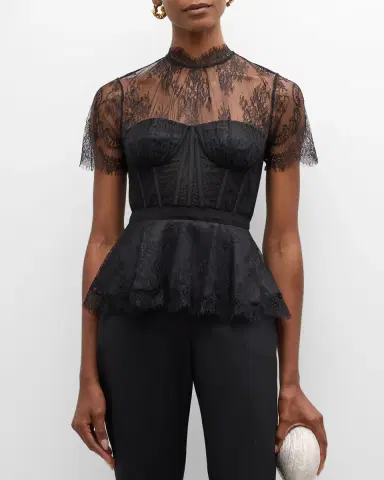 Simkhai Kehlani Sheer Lace Short-Sleeve Peplum Bustier Top | Thumbnail 3 Simkhai Kehlani Sheer Lace Short-Sleeve Peplum Bustier Top | Thumbnail 3