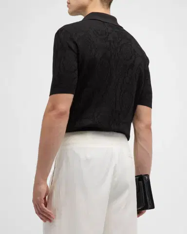 Versace Men's Tonal Barocco Knit Polo Shirt | Thumbnail 2 Versace Men's Tonal Barocco Knit Polo Shirt | Thumbnail 2