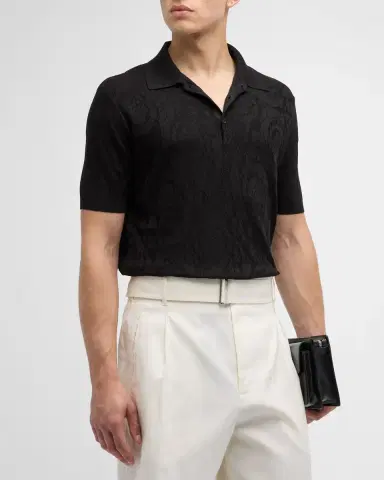 Versace Men's Tonal Barocco Knit Polo Shirt | Thumbnail 3 Versace Men's Tonal Barocco Knit Polo Shirt | Thumbnail 3