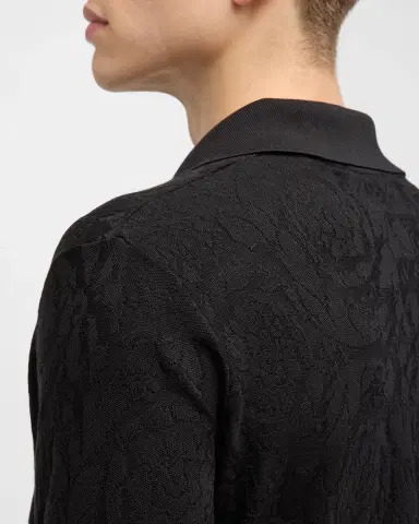 Versace Men's Tonal Barocco Knit Polo Shirt | Thumbnail 4 Versace Men's Tonal Barocco Knit Polo Shirt | Thumbnail 4
