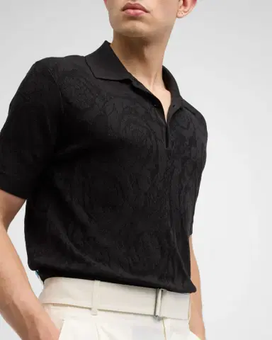 Versace Men's Tonal Barocco Knit Polo Shirt | Thumbnail 5 Versace Men's Tonal Barocco Knit Polo Shirt | Thumbnail 5