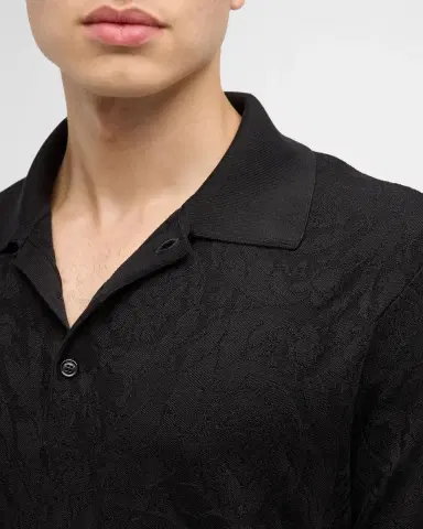 Versace Men's Tonal Barocco Knit Polo Shirt | Thumbnail 6 Versace Men's Tonal Barocco Knit Polo Shirt | Thumbnail 6