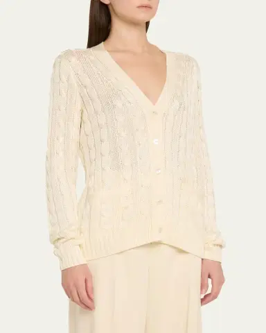 Ralph Lauren Collection High Shine Cable-Knit Cashmere Cardigan Sweater, Cream | Thumbnail 4