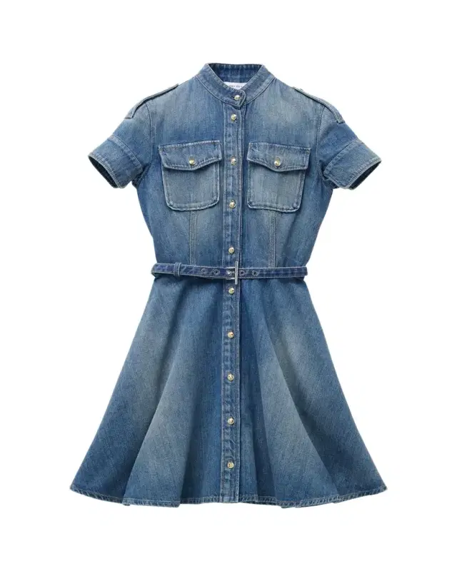 Short-Sleeve Belted Denim Mini Shirtdress